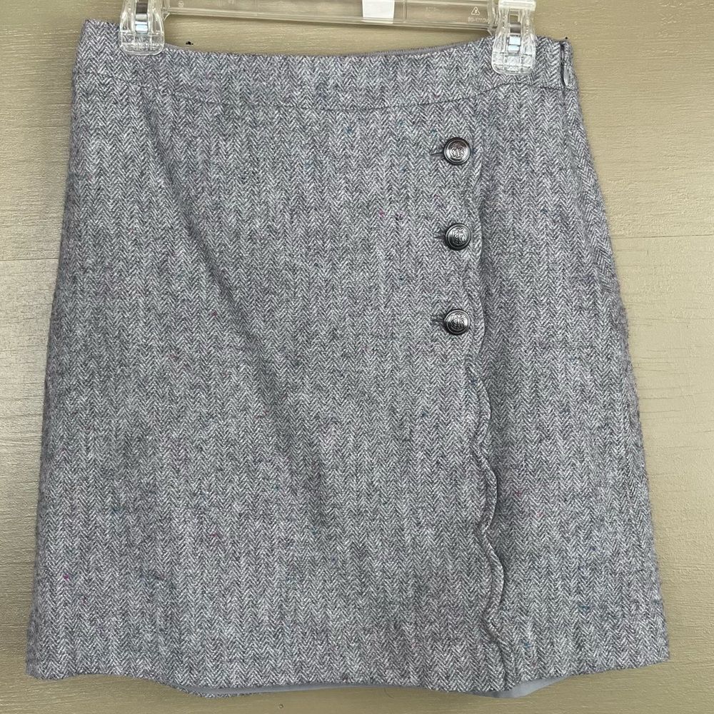 Talbots Petites Herringbone Wool Blend Skirt Gray Faux Wrap Scallop 6P
